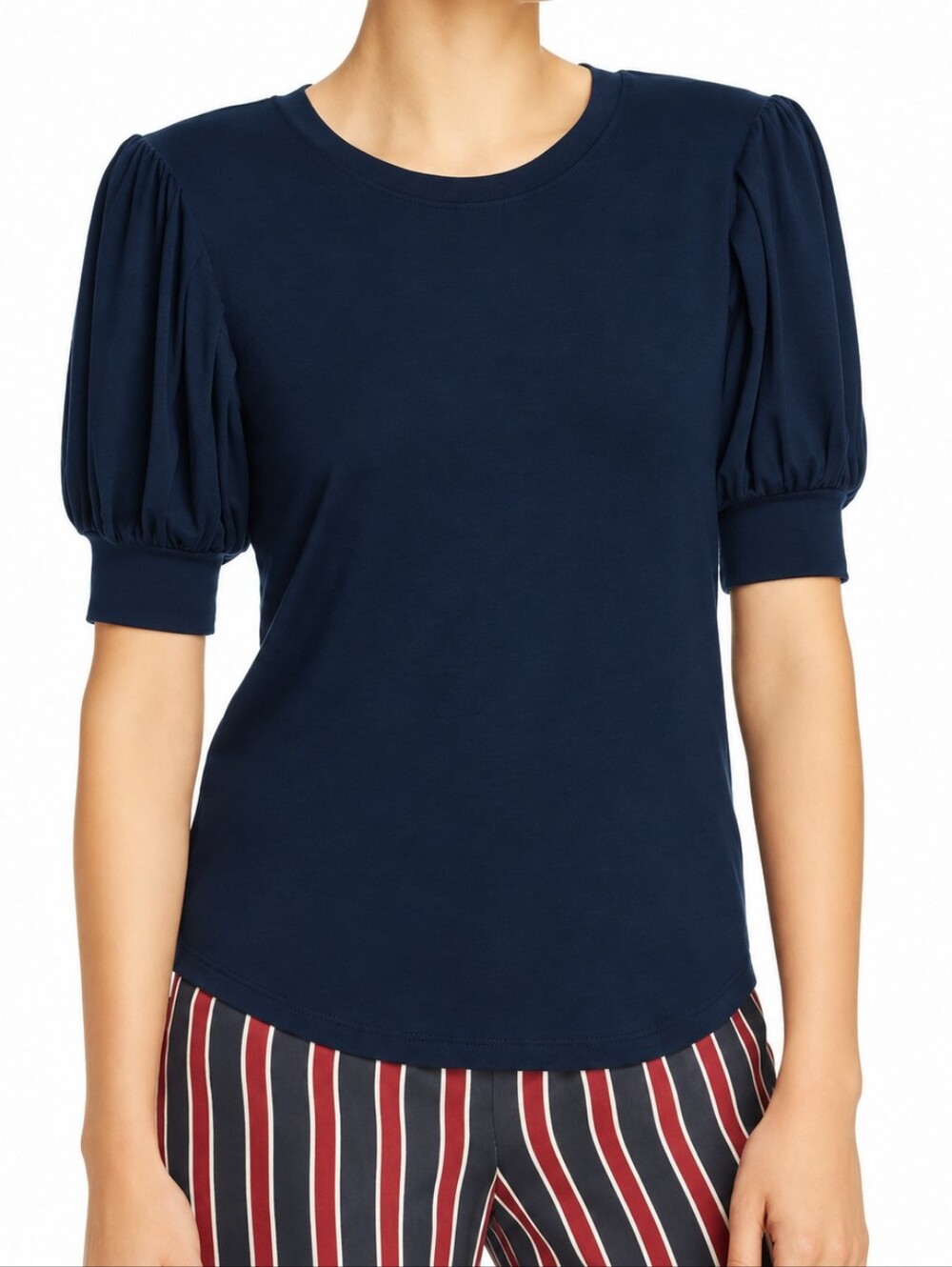 FRAME Navy Blue Puff Sleeve Top Small Stretch Knit Minimalist Chic